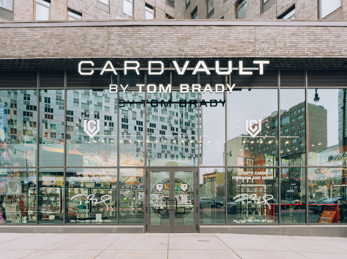 CardVault Brooklyn storefront with CardVault by Tom Brady signage and windows displaying sports cards, Pokémon and more