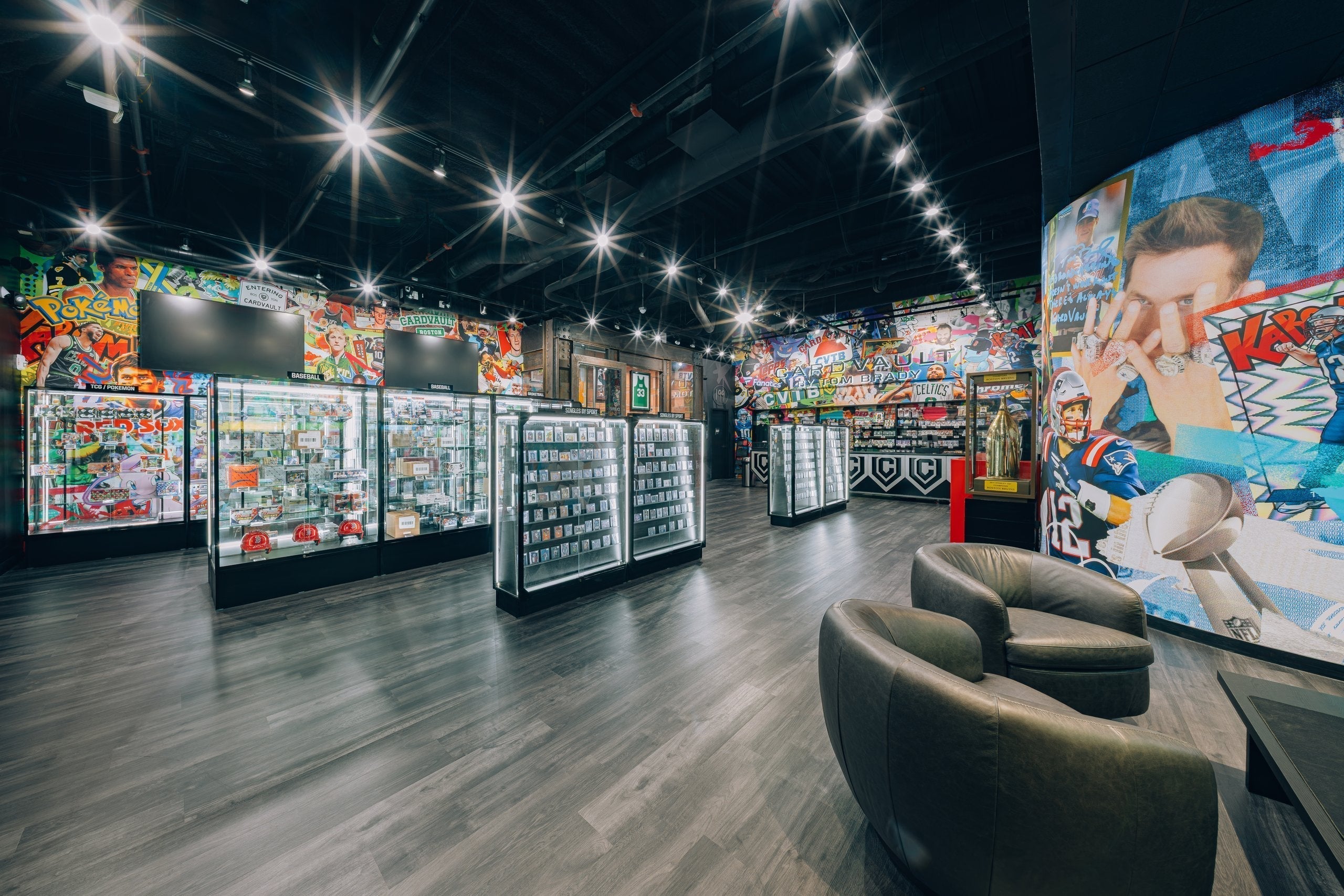inside a CardVault location with cases of collectibles