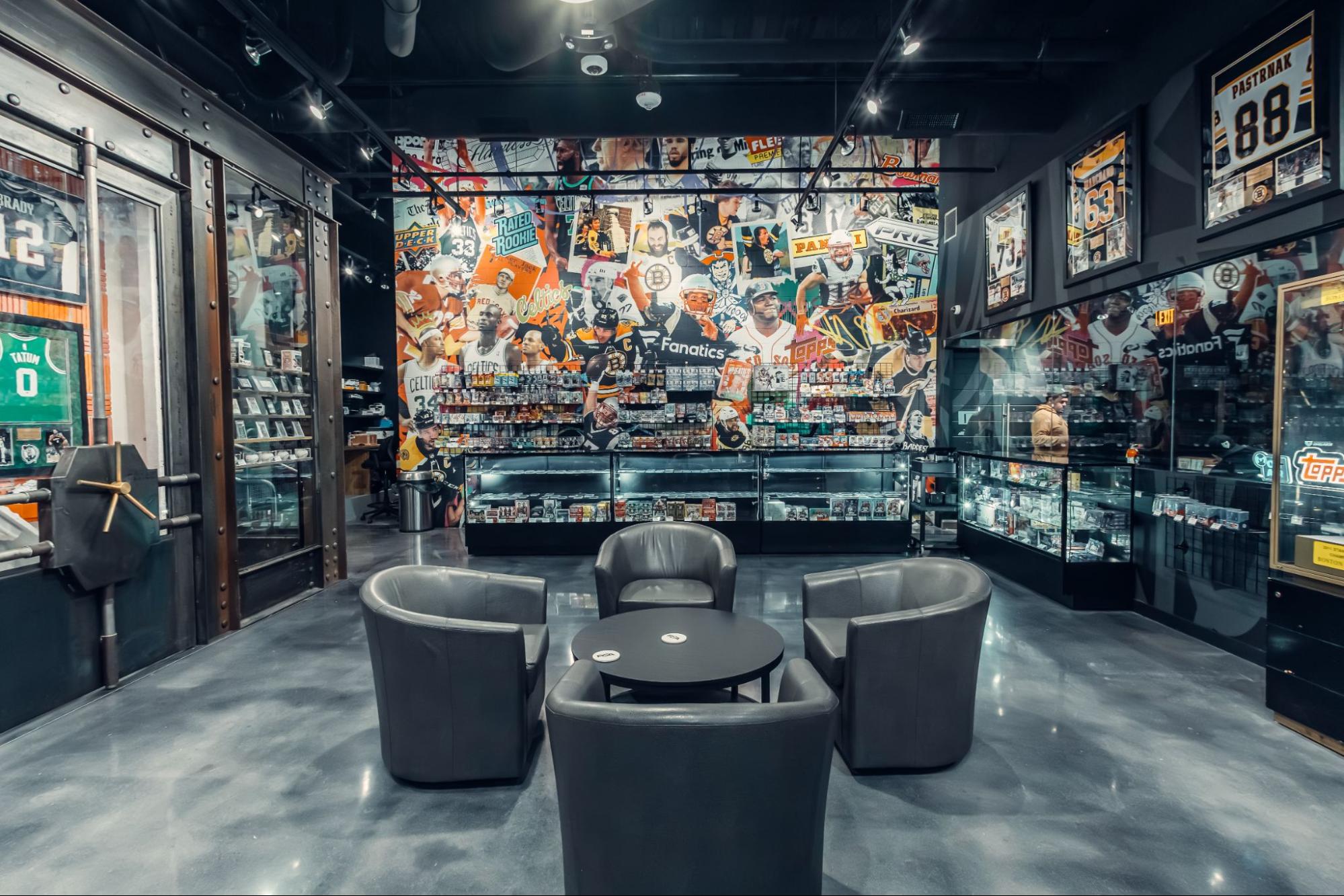 CardVault by Tom Brady lobby with couches and graffitti wall 