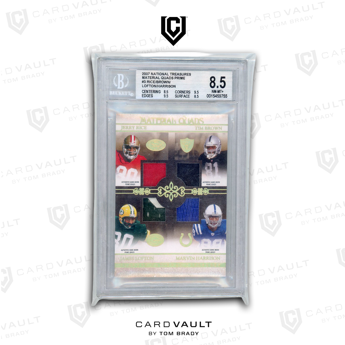 2007 NATIONAL TREASURES MATERIAL QUADS PRIZM #3 RICE/BROWN/LOFTON/HARRISON BGS 8.5
