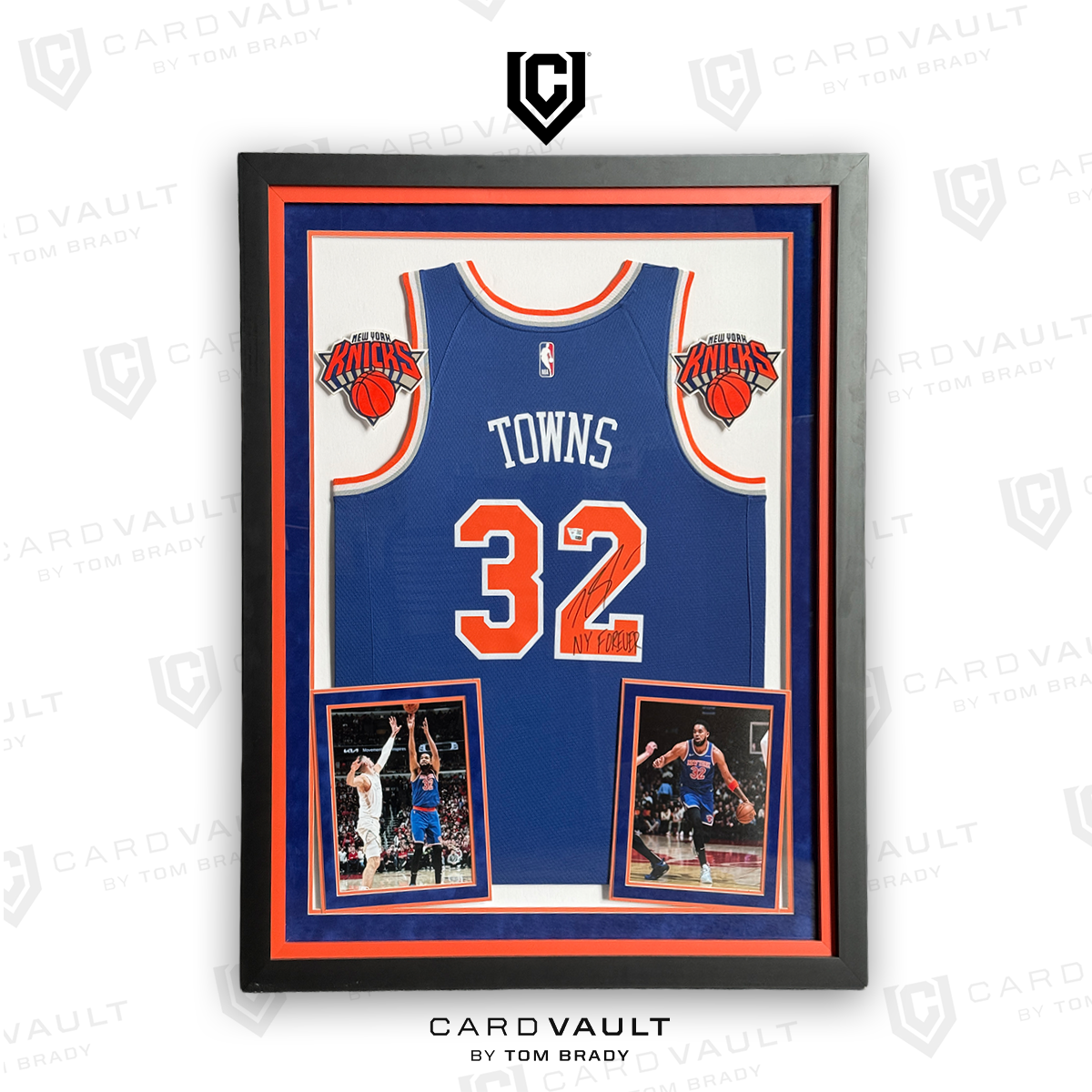 Karl-Anthony Towns Knicks Autographed Fanatics Authentic Nike Blue Icon Edition Swingman Deluxe Framed Jersey NY Forever Inscription