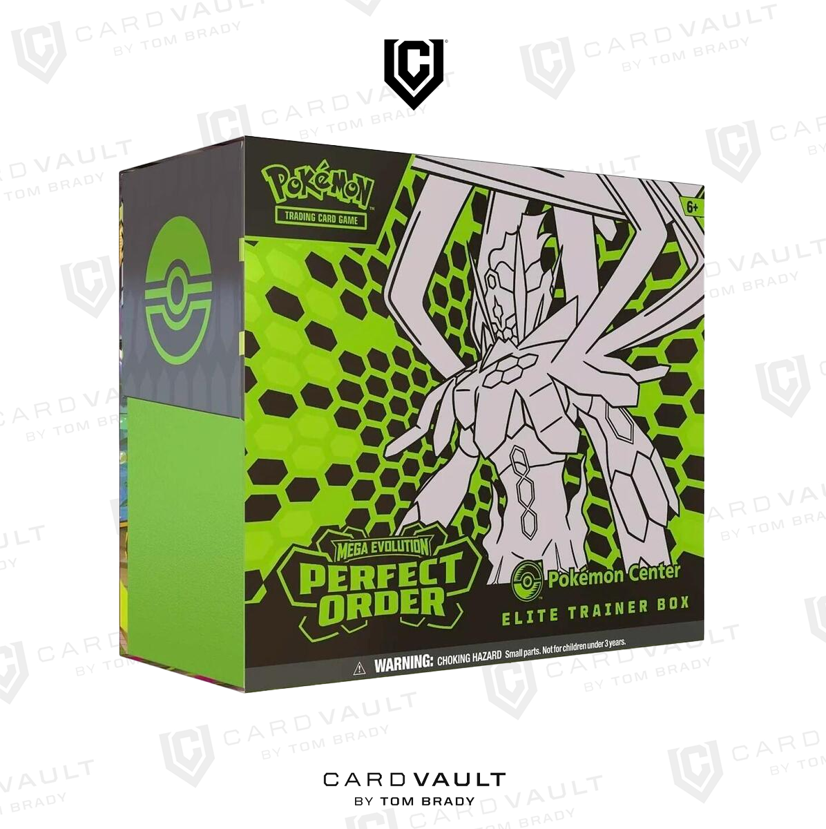 Three-quarter view of a Pokémon Mega Evolution Perfect Order Elite Trainer Box showcasing green artwork on a white background