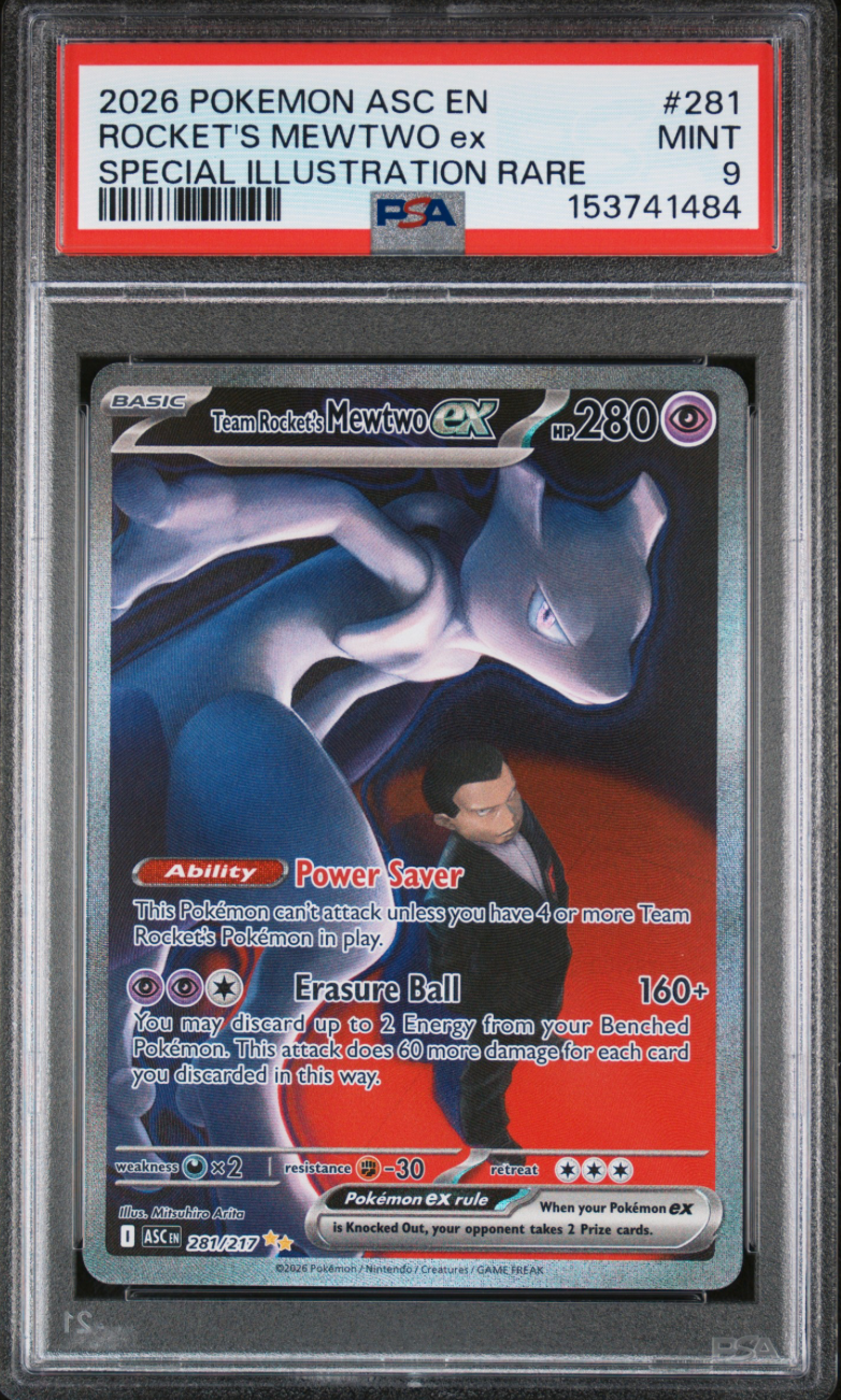 2026 POKEMON ASC EN-ASCENDED HEROES #281 ROCKET'S MEWTWO EX SPECIAL ILLUSTRATION RARE PSA 9
