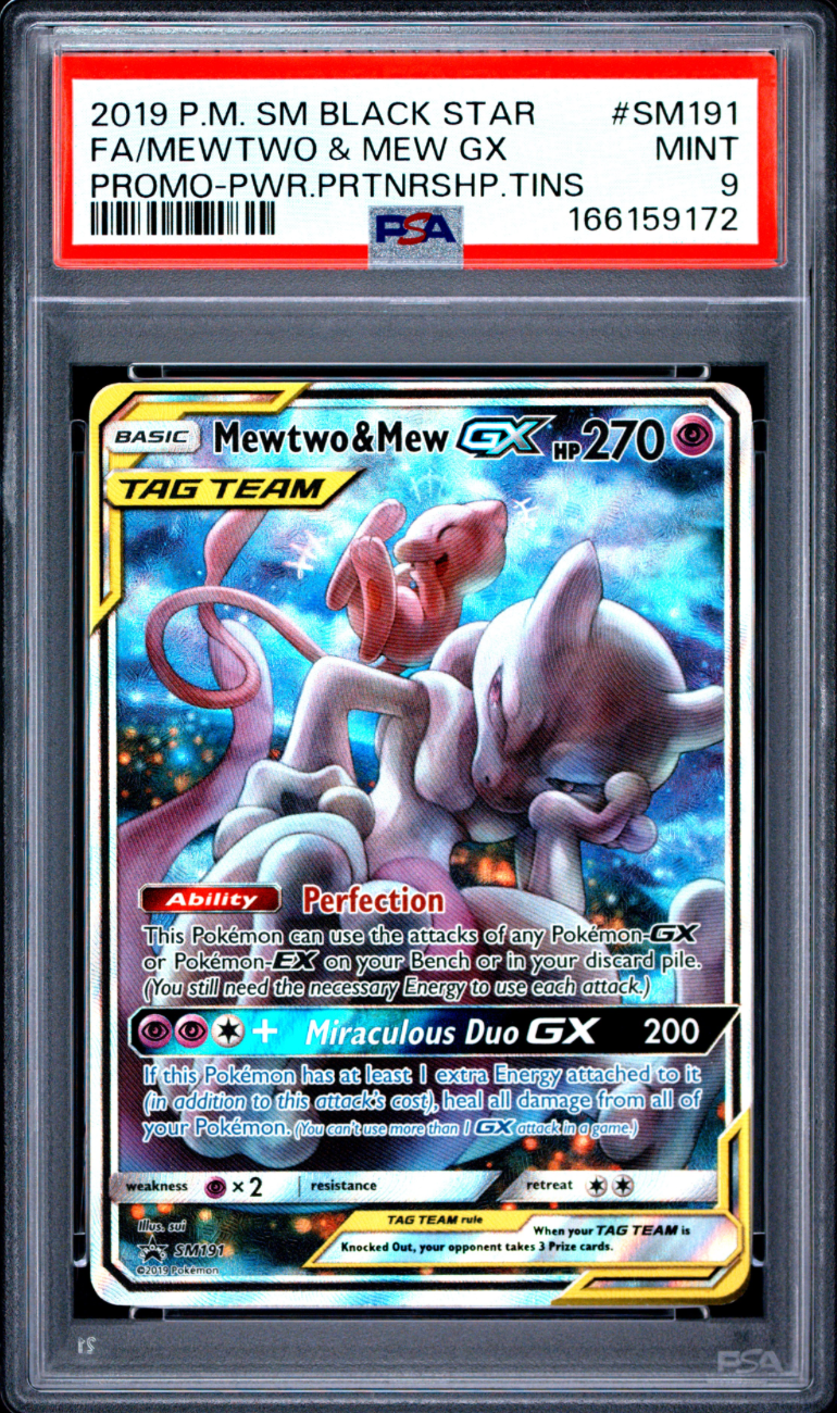 2019 POKEMON SM BLACK STAR PROMO SM191 FULL ART/MEWTWO & MEW GX POWER PARTNERSHIP TINS PSA 9 8-17