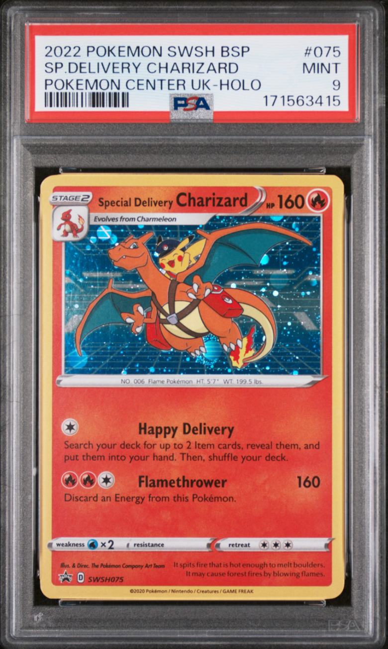 2022 POKEMON SWSH BLACK STAR PROMO 075 SPECIAL DELIVERY CHARIZARD-HOLO POKEMON CENTER UNITED KINGDOM PSA 9 2 8-17