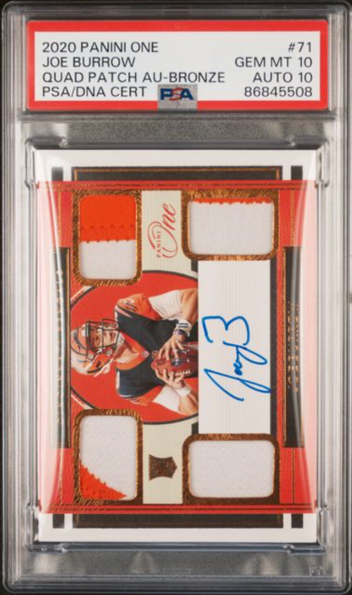 2020 PANINI ONE #71 JOE BURROW QUAD PATCH AU-BRONZE PSA 10 AUTO 10