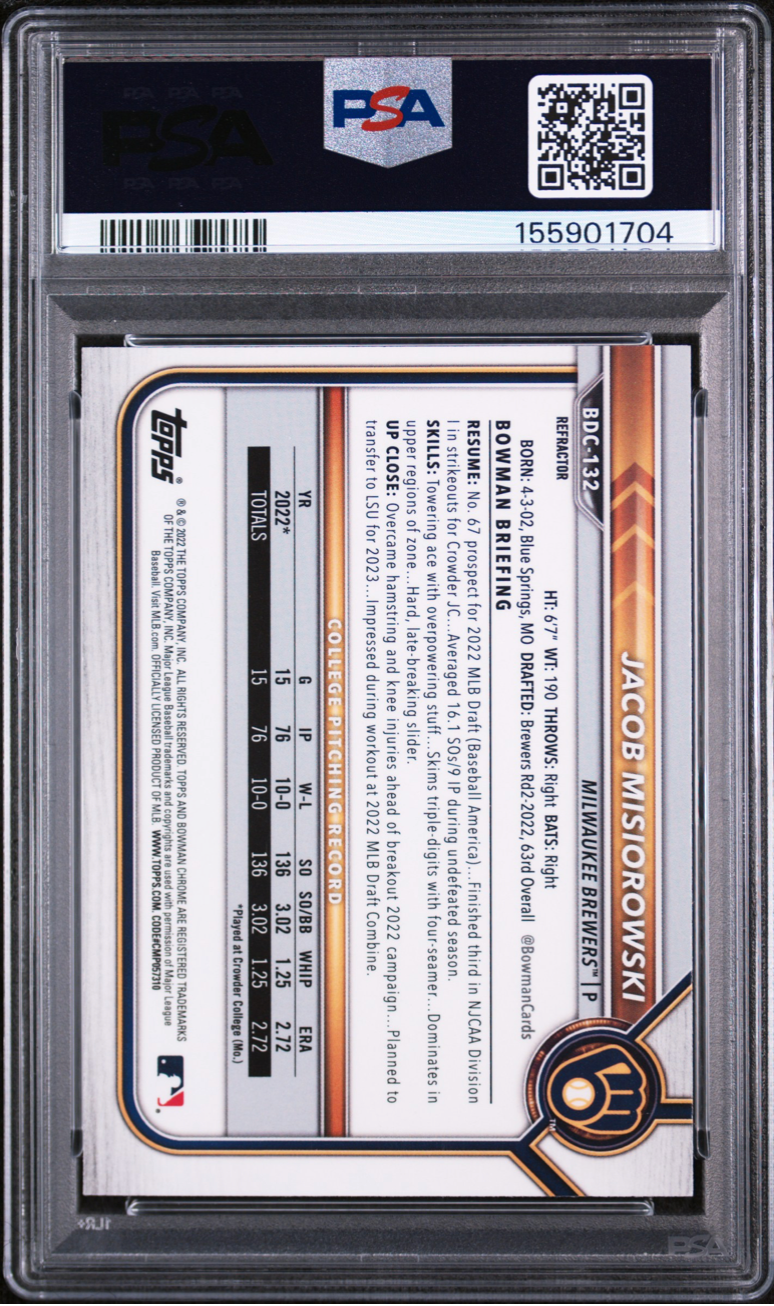2022 BOWMAN DRAFT BDC132 JACOB MISIOROWSKI CHROME-REFRACTOR PSA 9 8-17