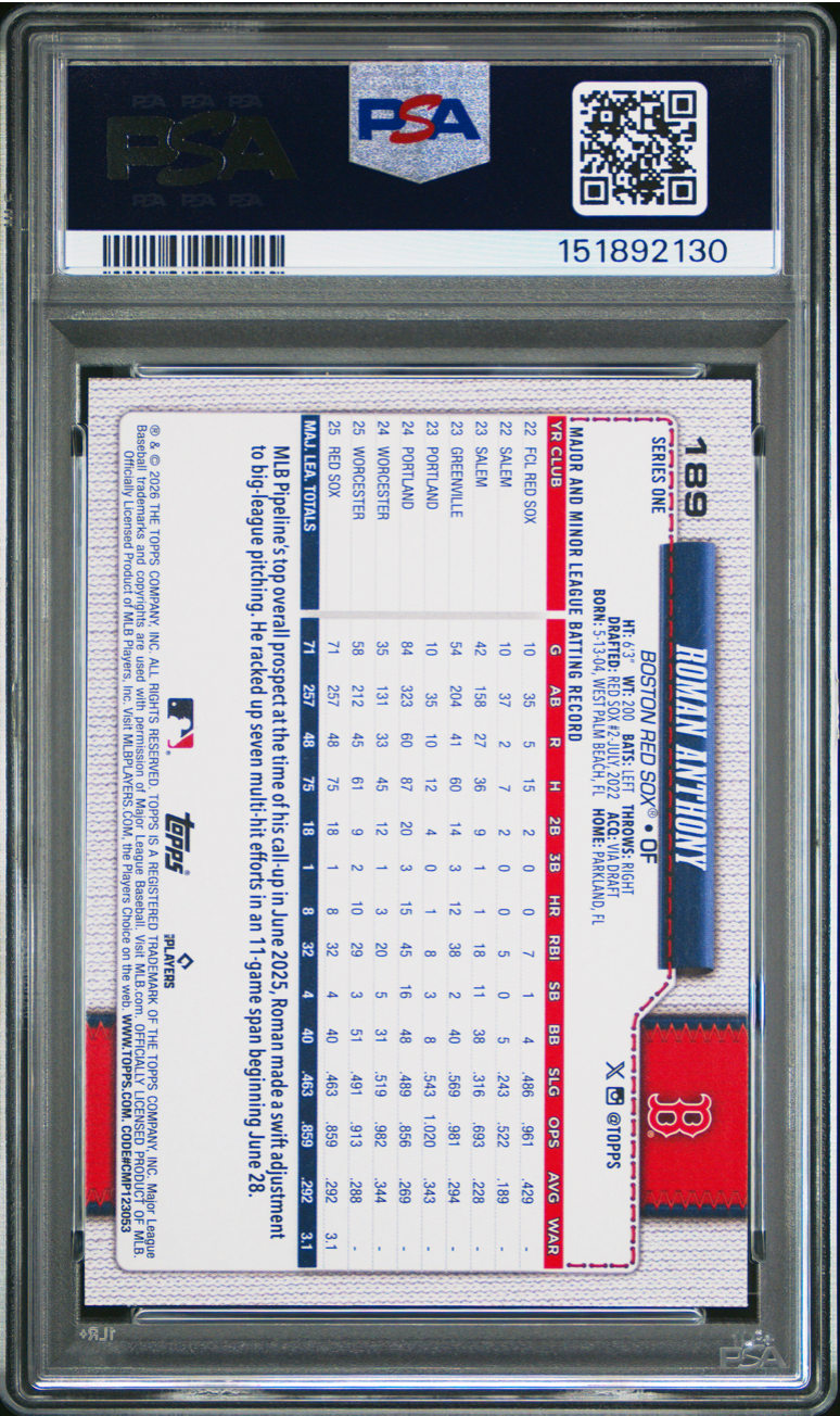 2026 TOPPS 189 ROMAN ANTHONY PSA 10 3