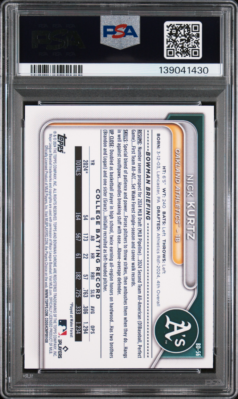 2024 BOWMAN DRAFT BD56 NICK KURTZ PSA 10 A