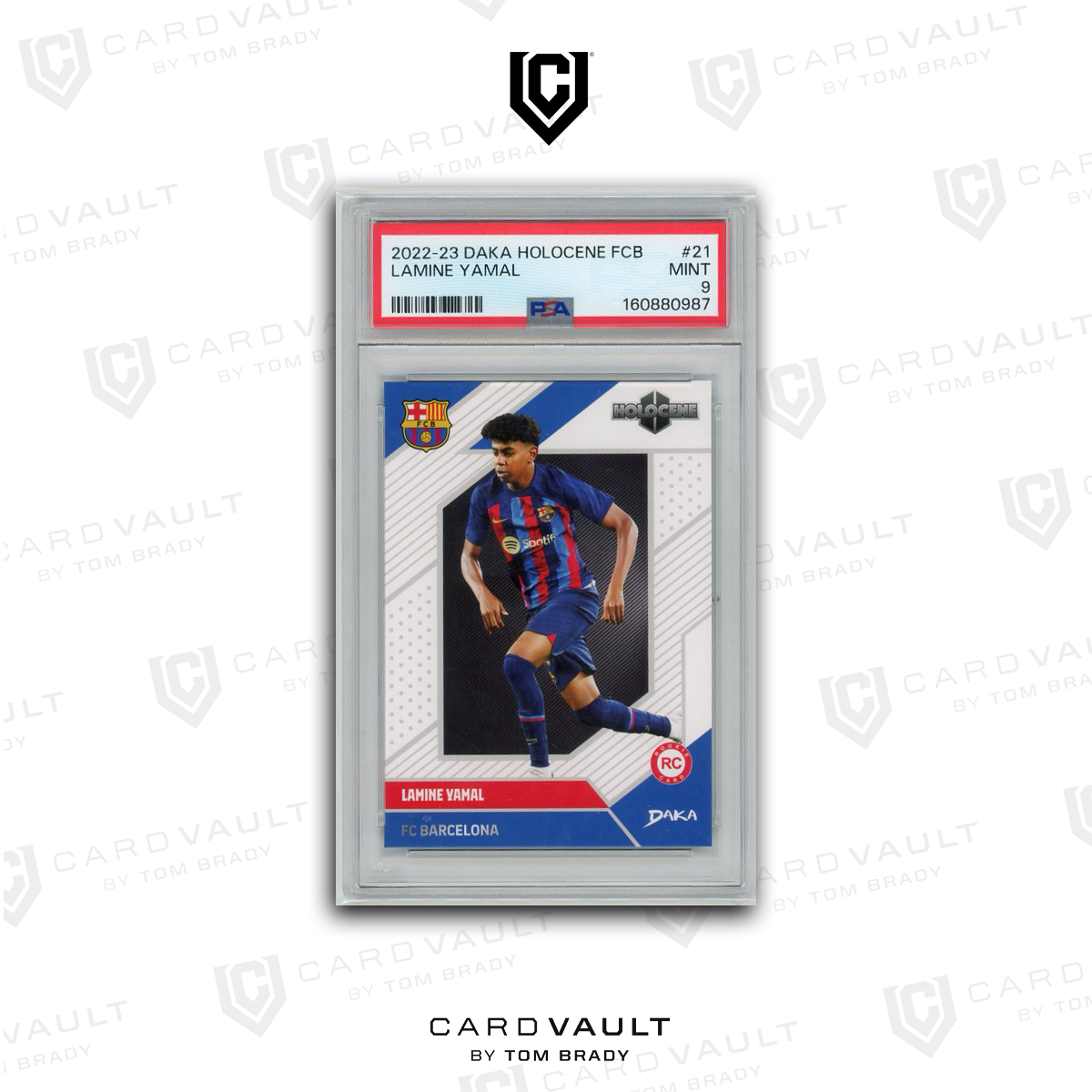 Front view of 2022 DAKA Holocene FC Barcelona Lamine Yamal card, PSA 9 graded, showcasing the player in uniform