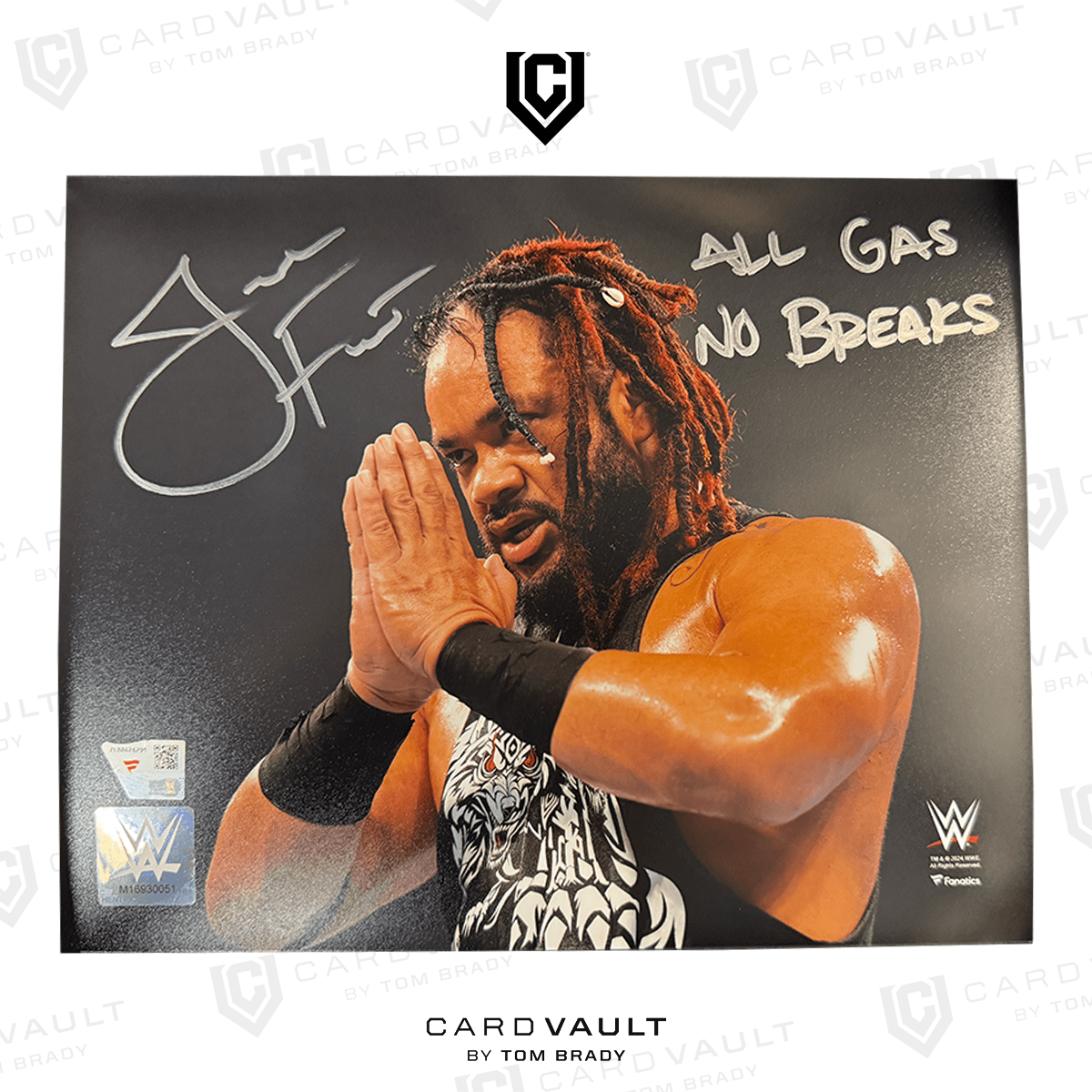 Jacob Fatu WWE Fanatics 8x10 Prayer Hands Photograph "ALL GAS NO BREAKS" Inscription Signed Fanatics COA - CardVault by Tom Brady
