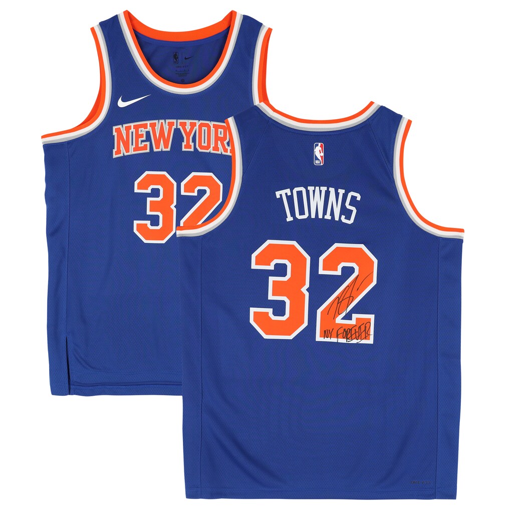 Karl-Anthony Towns Knicks Autographed Fanatics Authentic Nike Blue Icon Edition Swingman Deluxe Framed Jersey NY Forever Inscription